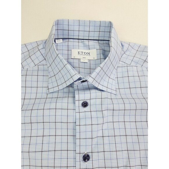 Eton Slim Size Large 16 Euro 41 Mens Blue White Check Long Sleeve Spread Collar - Picture 1 of 10